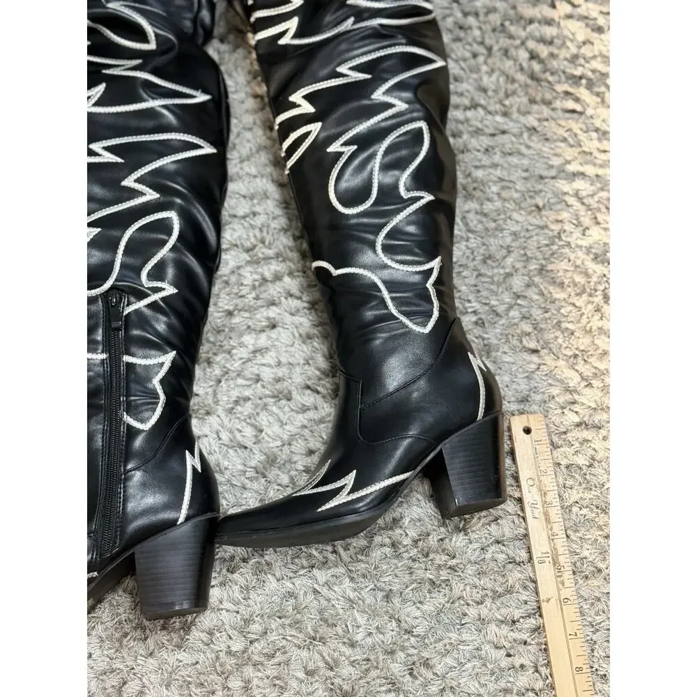 Women's Black & White Cowboy Western Boots Knee High Embroidered Block Size 6